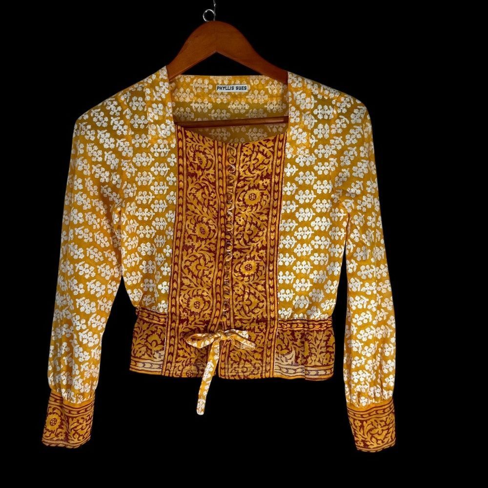 Phyllis Sues Vintage 1980's NWOT‎ Gold/Wine/White Peplum Painted Linen Top Sz S